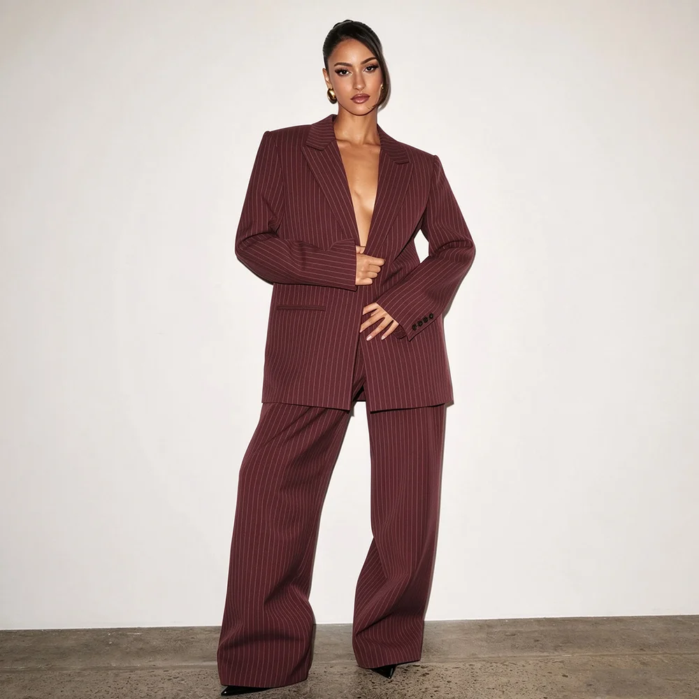 Smart Causal Suit For Women 2 Pieces Jacket Pants Slim Fit Single Breasted Peak Lapel Office Red Blazer Set Conjuntos De Mujer