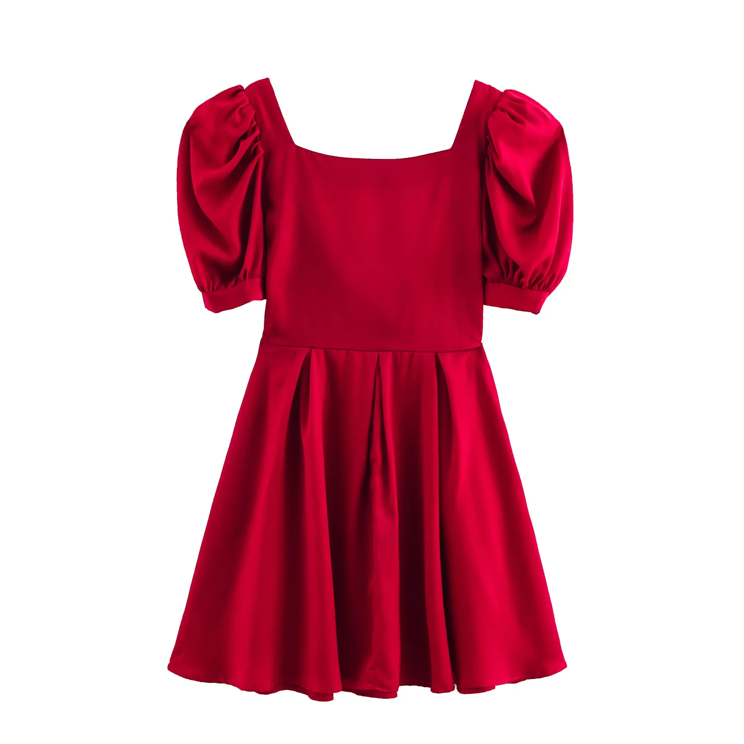 กระโปรงทรงเอเอวสูงผ้าซาตินคอเหลี่ยมแขนพองดีไซน์แฟชั่นใหม่สำหรับผู้หญิงฤดูใบไม้ผลิ JNLEAOG