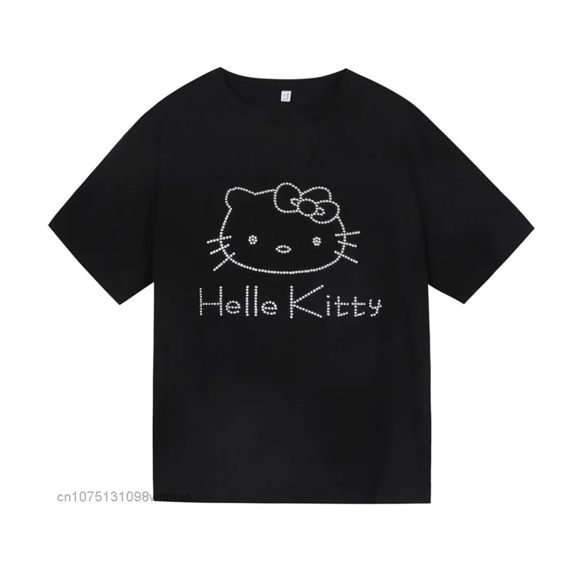 Sanrio Hello Kitty 100% Cotton Summer Tops Y2k Sweet Cute Cartoon Rhinestone Print Short Sleeve T-shirt Loose Slim Trend Clothes