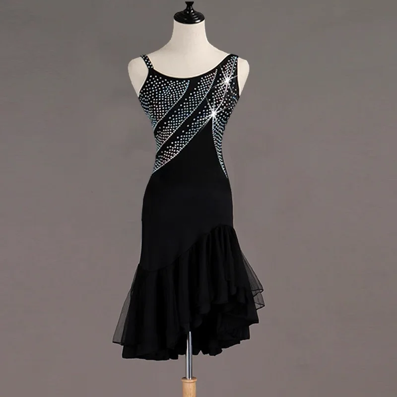 Jupe de danse de compétition latine pour femmes, élégante avec diamants, vêtements de danse latine Standard, robe de danse Rumba Chacha Samba pour adultes