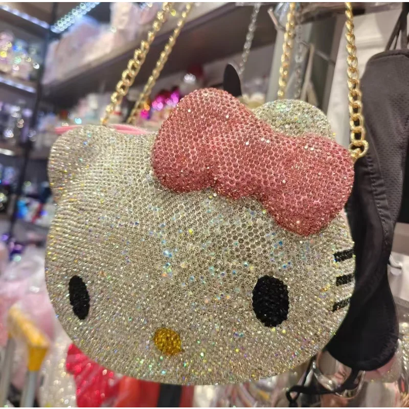 Hello Kitty Anime Cartoon Shape Rhinestone Cartoon Full Of Diamonds Dinner Bag Handmade Diamond-set Lady's Clutch Christmas Gift