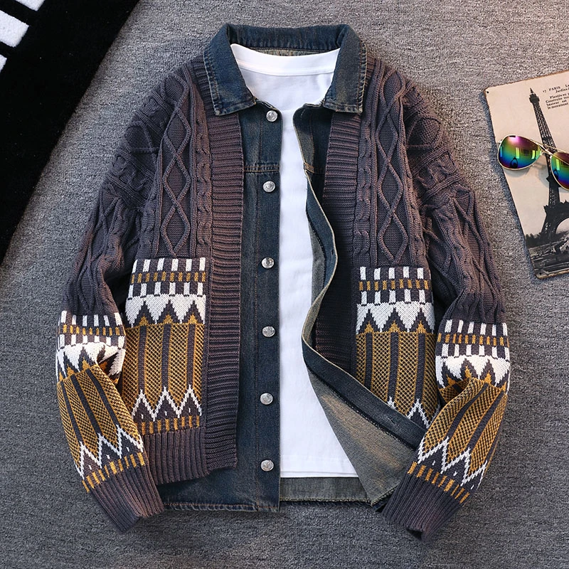 

Autumn Winter New Men's Casual Knitted Cardigan Sweater Japanese Cardigan Two-Piece Denim Patchwork Casual Loose Knitwear Jacket