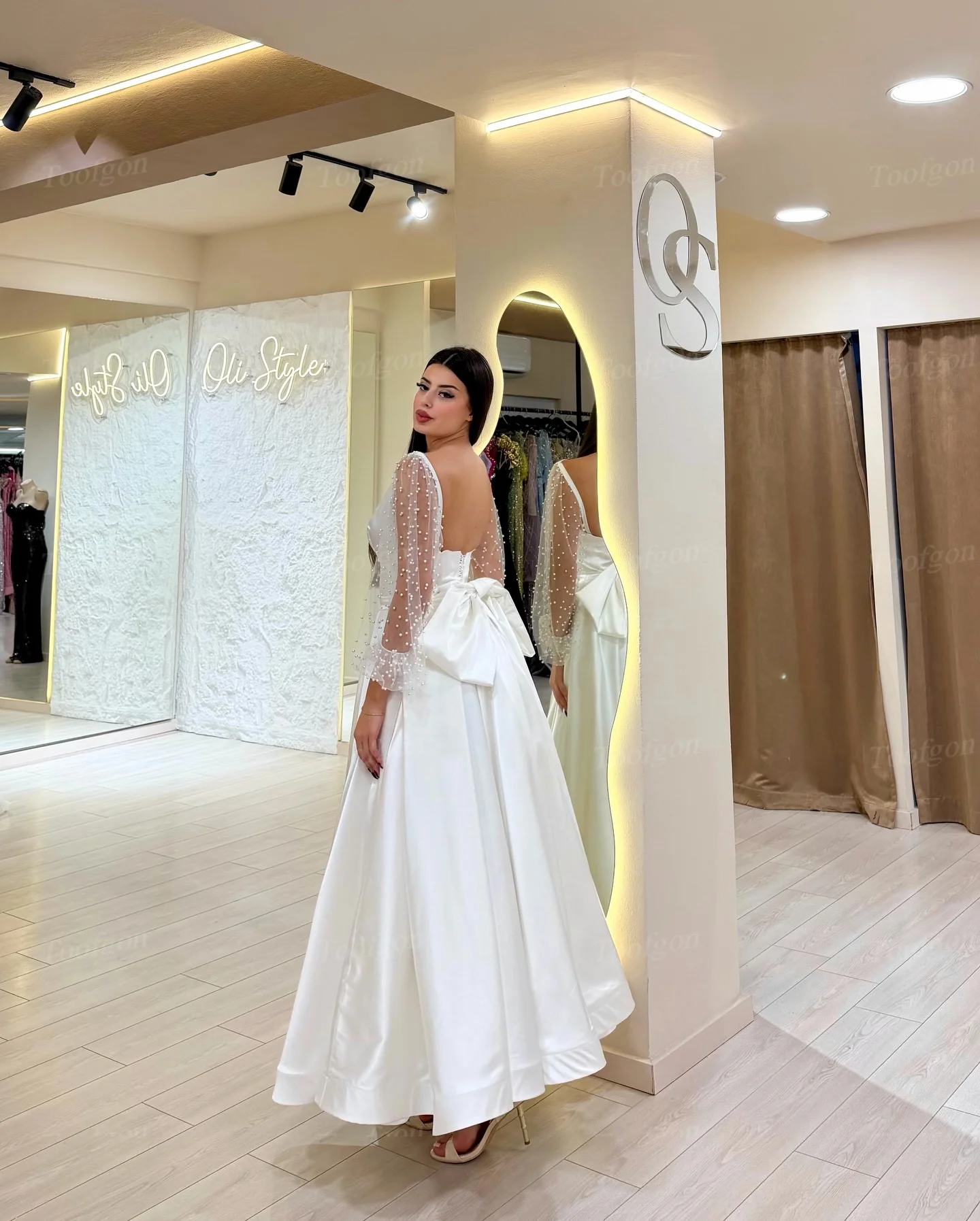 Toofgon A Line Satin Midi Bride Wedding Dresses Customized Pearls Long Sleeves Bridal Dress Bow Women Formal Party Prom Gowns