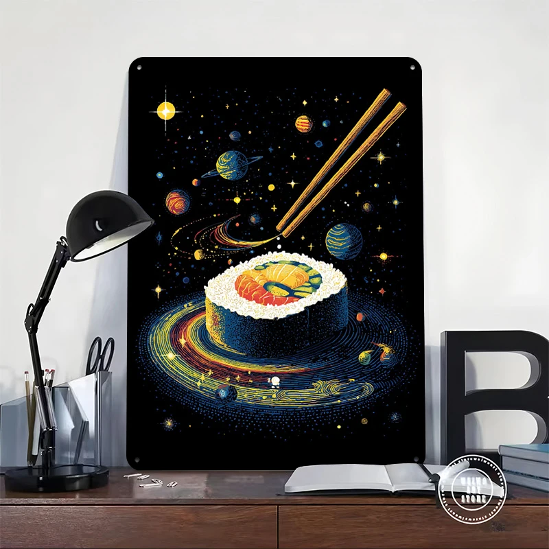Sushi in Space Tinplate Poster Customized Wall Art Retro Vintage Metal Signs for Fans Decoration Living Room Decor Men Man Cave