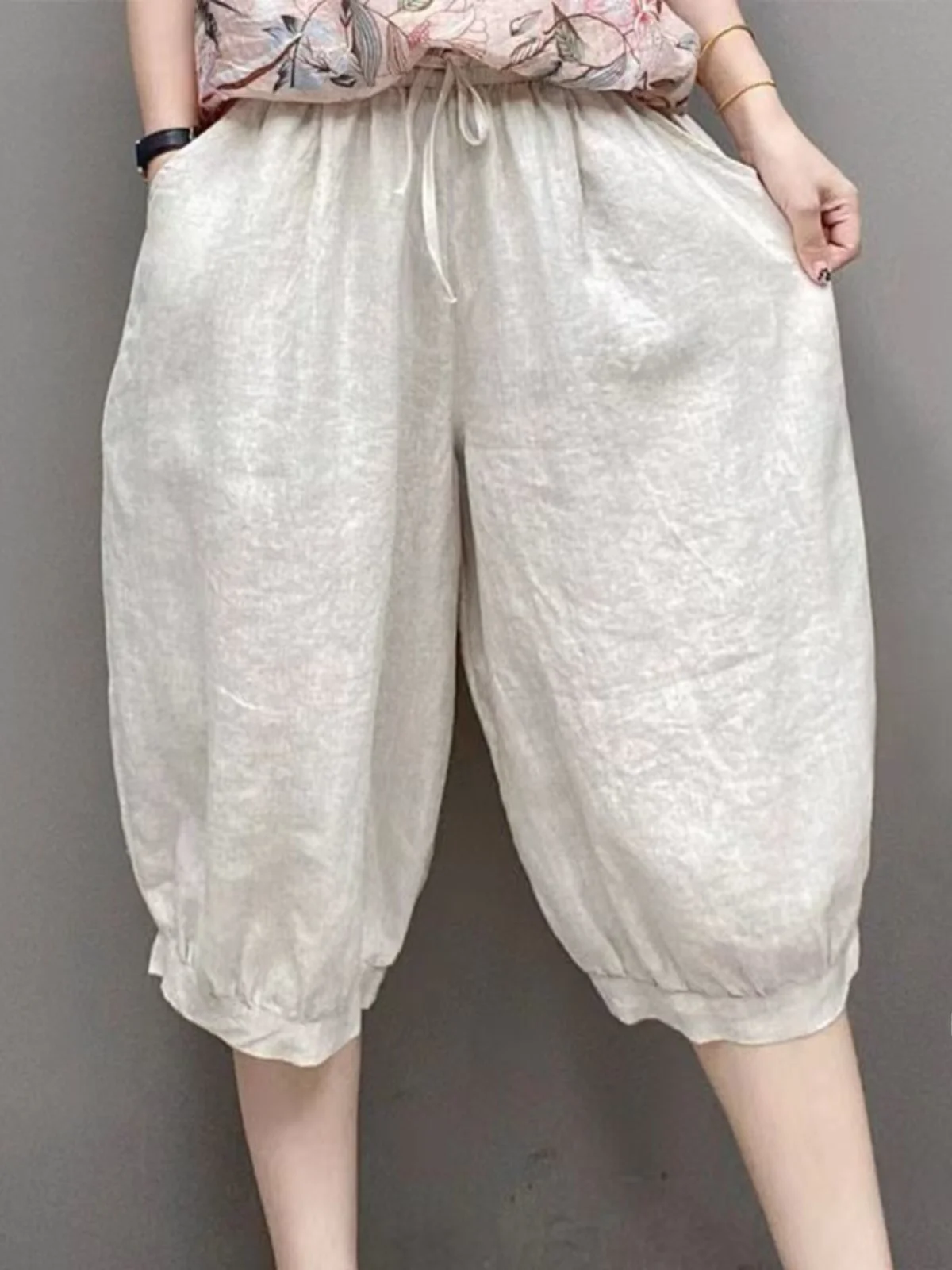 Summer New Women's Loose Cotton Linen Wide Leg Pants Five-Quarter Length Lantern Pants High Waist Elastic Waist Belted