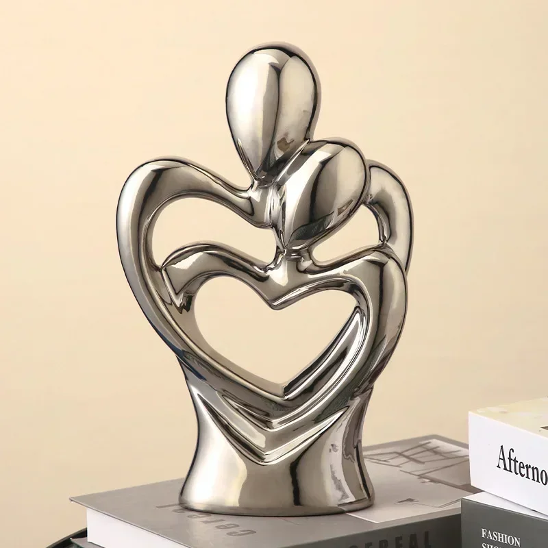 Home Decoration Silver Heart Sculpture Abstract Ceramic Plating Lover Image Hugging Person Statue Bust Wedding Gift Home Decor