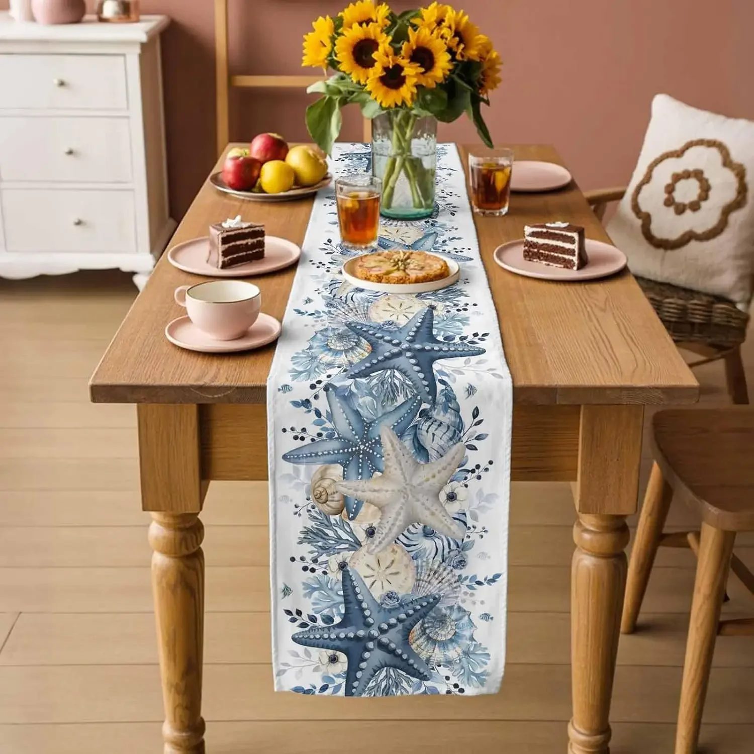 1Pc Coastal Style Table Runner Blue And White Starfish Shell Print Table Cover For Dining Room Kitchen Home Decoration Tabletop