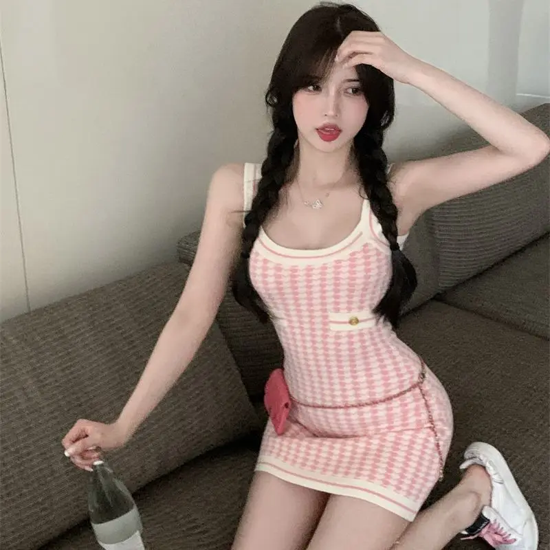 Pink Small Houndstooth Sling Mini Women’s Dress Knit Skirt Striped Pocket Button O-Neck Sleeveless Summer New Cute Fashion Chic