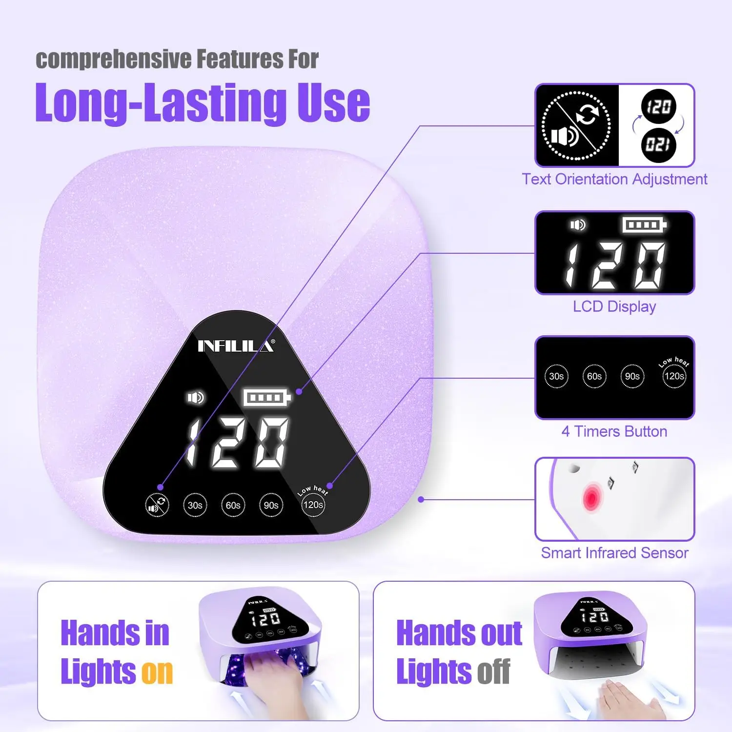 مصباح أظافر LED لاسلكي للأشعة فوق البنفسجية لأظافر الجل، تحكم باللمس، 4 مؤقتات، مستشعر تلقائي - أرجواني