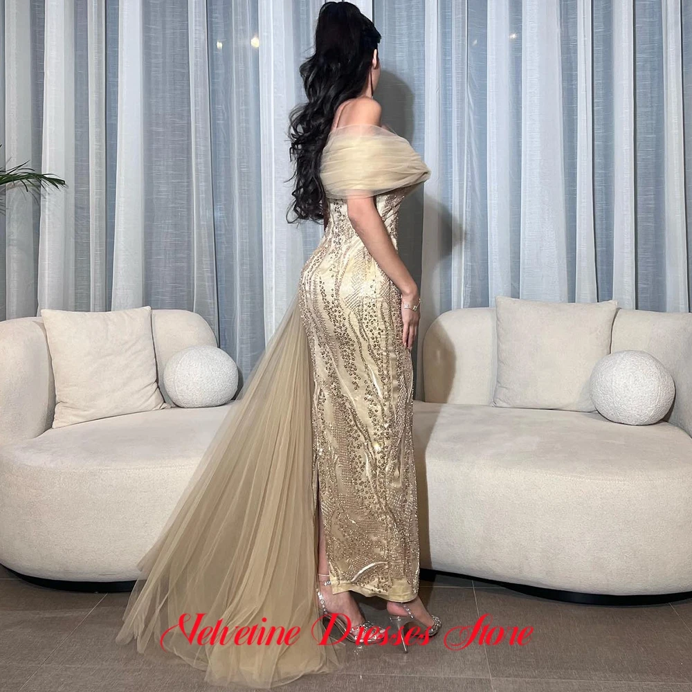 Requintado cetim sereia vestido de noite apliques de luxo lantejoulas personalizado vestidos de baile temperamento painel trem vestidos de celebridades