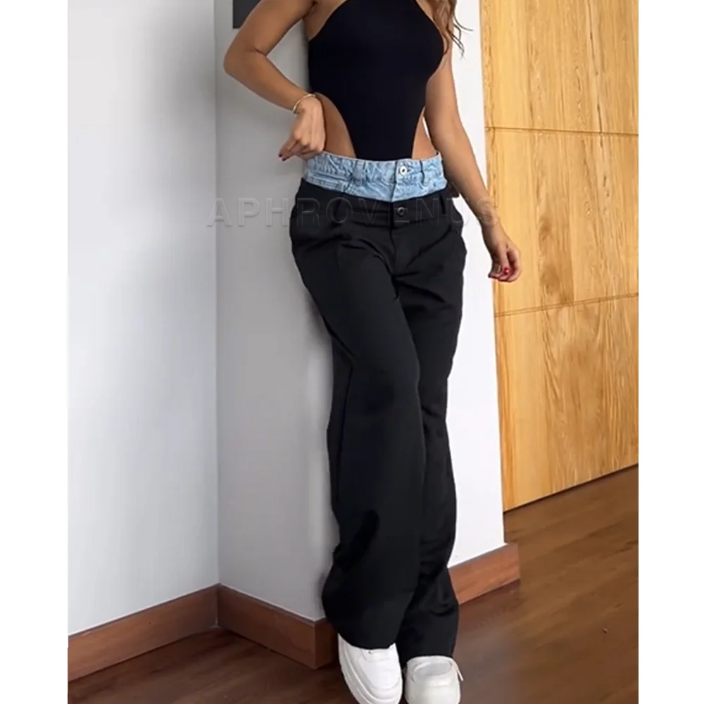 Fashion Women\'s Jeans Slim Waist Patchwork Colorblock High Waist Long Stretch Denim Pants Straight Trouser Wide Leg Jeans