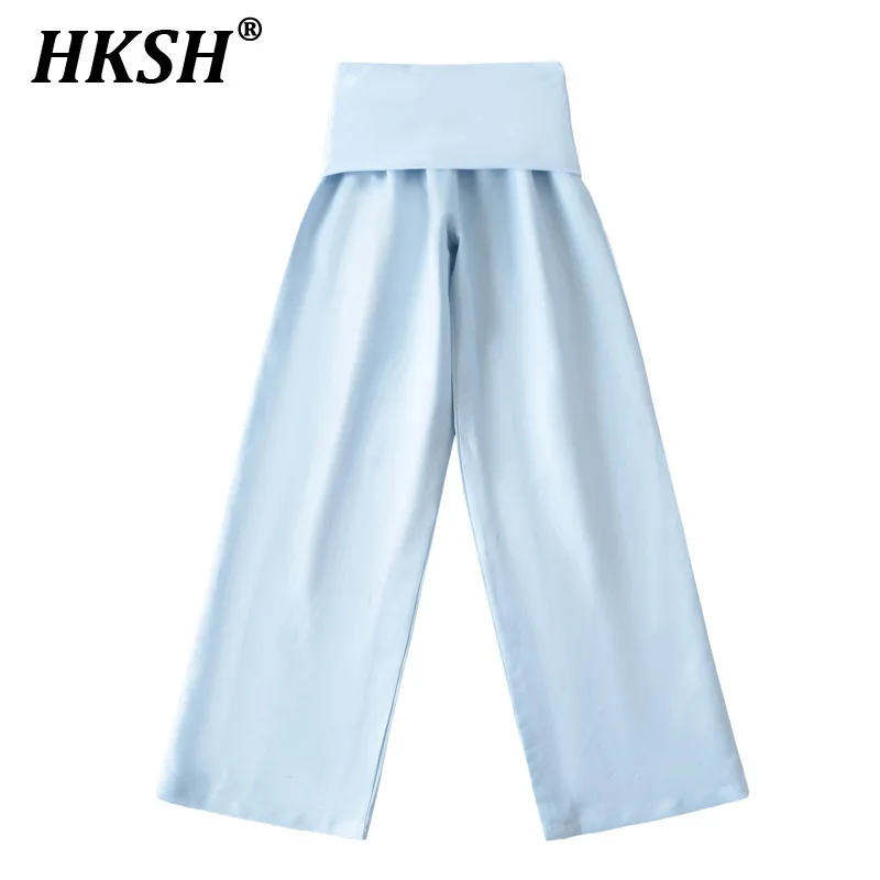

HKSH Spring Summer New Women Chic Tide Fashion Elegant High Street Y2K Chic Knitted Turn-Waist Casual Long Wide Leg Pants HK5843