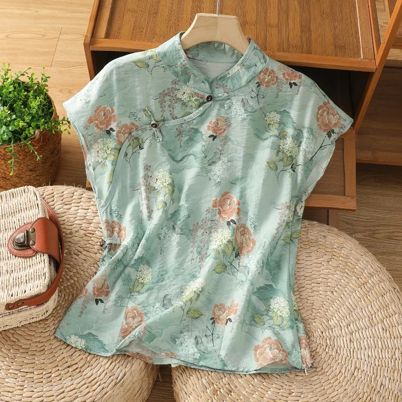 

Chinese Style Women's Blouses Printed Vintage Shirts Fashion Loose Summer Clothing Sleeveless Cotton Linen Women Tops