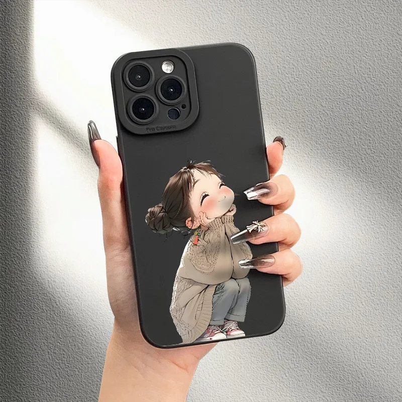 Modische Kreative Niedliche Mädchen-Muster Handyhülle für iPhone 16 15 14 12 13 11 Pro Max X XS XR 7 8 Plus Weiche TPU Matte Hülle Fundas – Detail 1