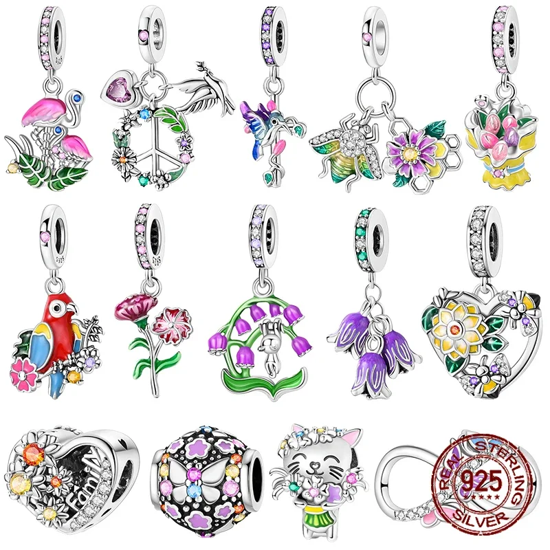 

925 Sterling Silver Lovely Pink Color Charms LOVE bird Flower Dangle Pendants Fit Original Pandora Bracelet DIY Jewelry making