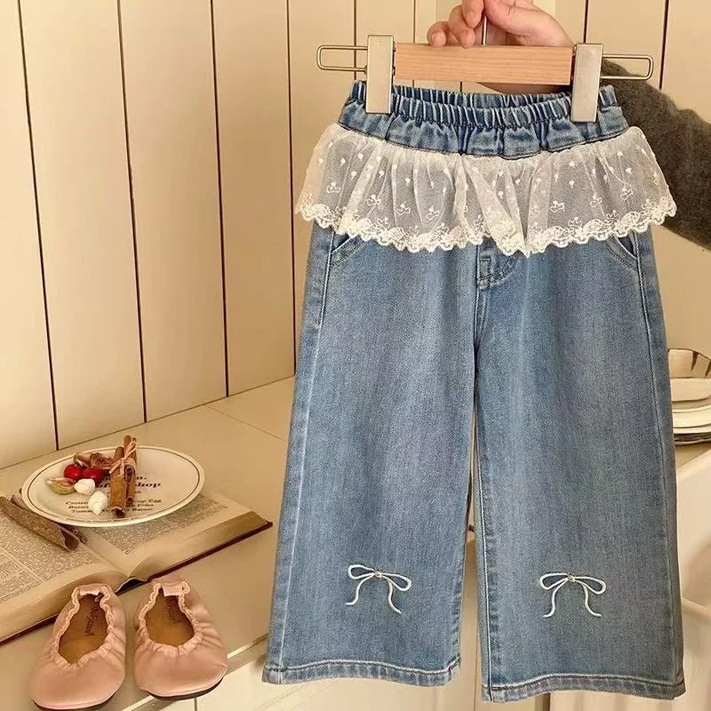 Girls Stitching Lace Denim Pants 2025New Spring Embroidered Bow Jeans Children Clothes Kids Straight Legged Pants Loose Trousers