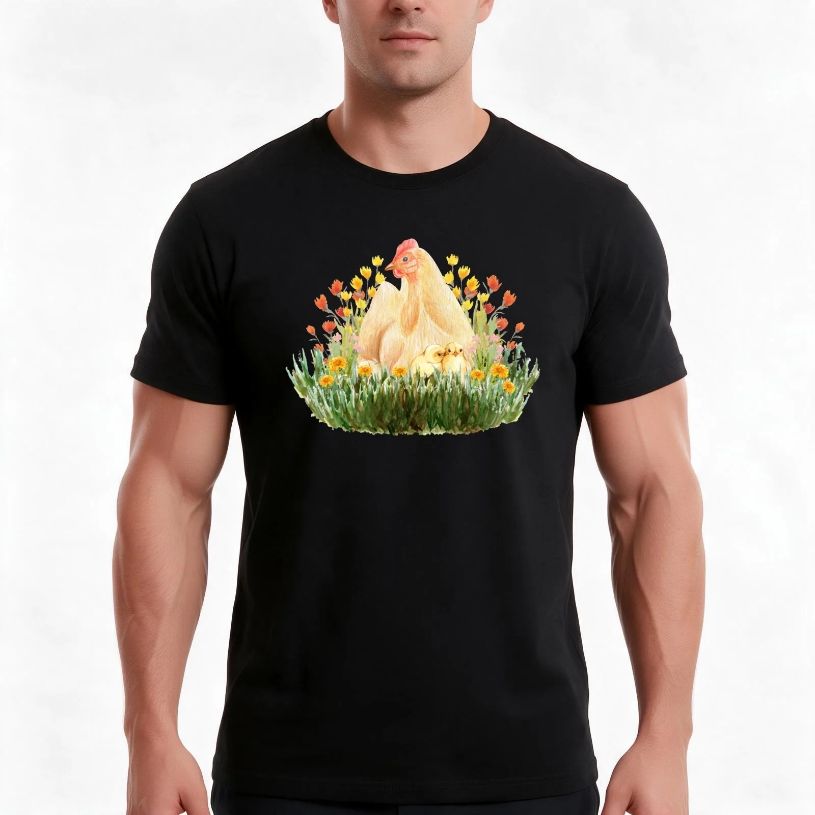 Hen and Chicks - Cute Banty Chicken Springtime Wildflower Design T-Shirt, Summer Casual Cotton Tee, Oversized Streetwear Tops