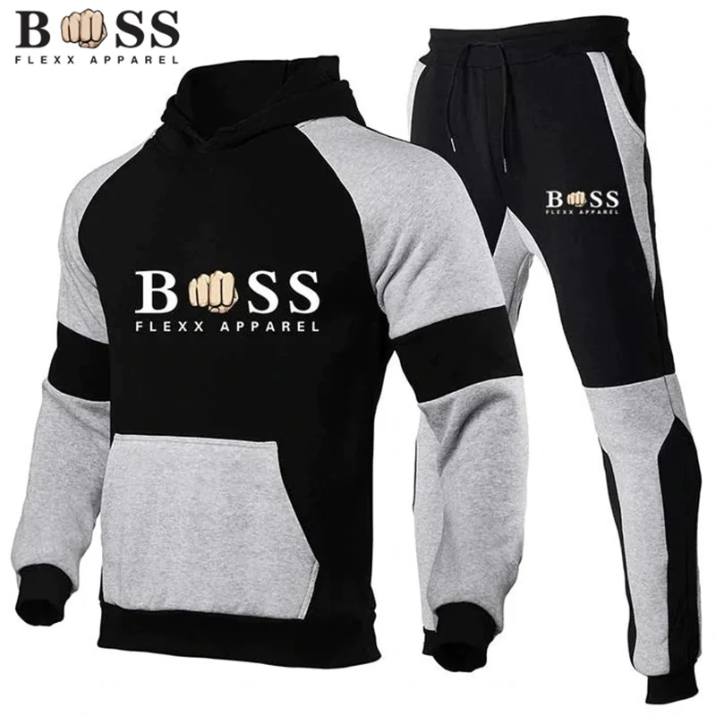 2023 Spliced Colored Men\'s Hoodie Two Piece Running Sports Hoodie Pullover Sweater Set S-3XL