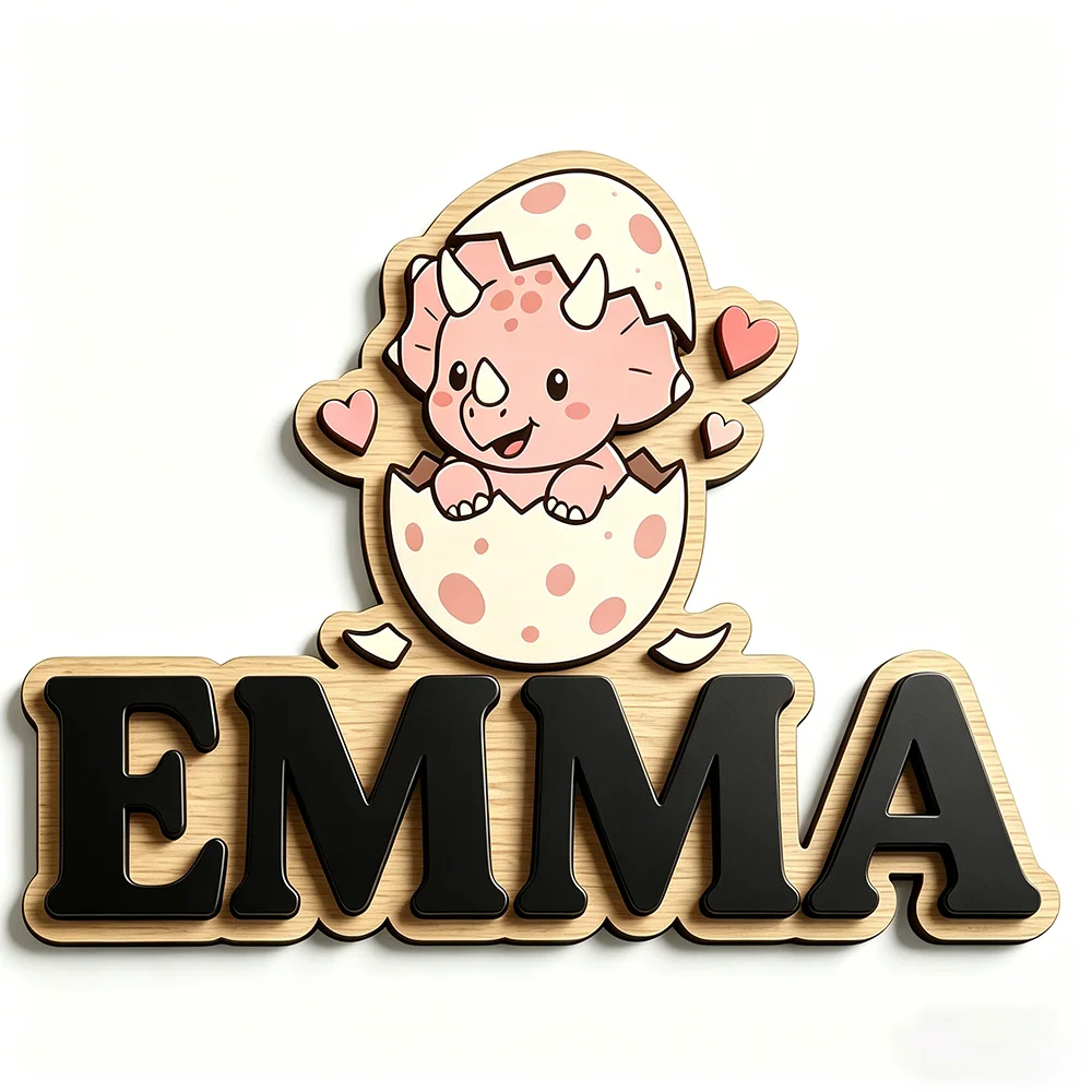 Whimsical Hatching Triceratops Custom Name Plaque, 3D Wooden Kids Door Sign with Hearts & Eggshell, Sweet Nursery Wall Art, Baby