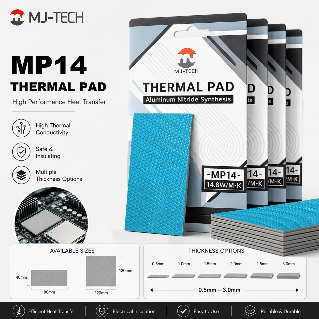 MJ‑TECH MP14 Thermal Pad 14.8W/mK Non‑conductive Silicone Thermal Padding for CPU GPU Laptop SSD Heatsink Cooling Multiple Sizes