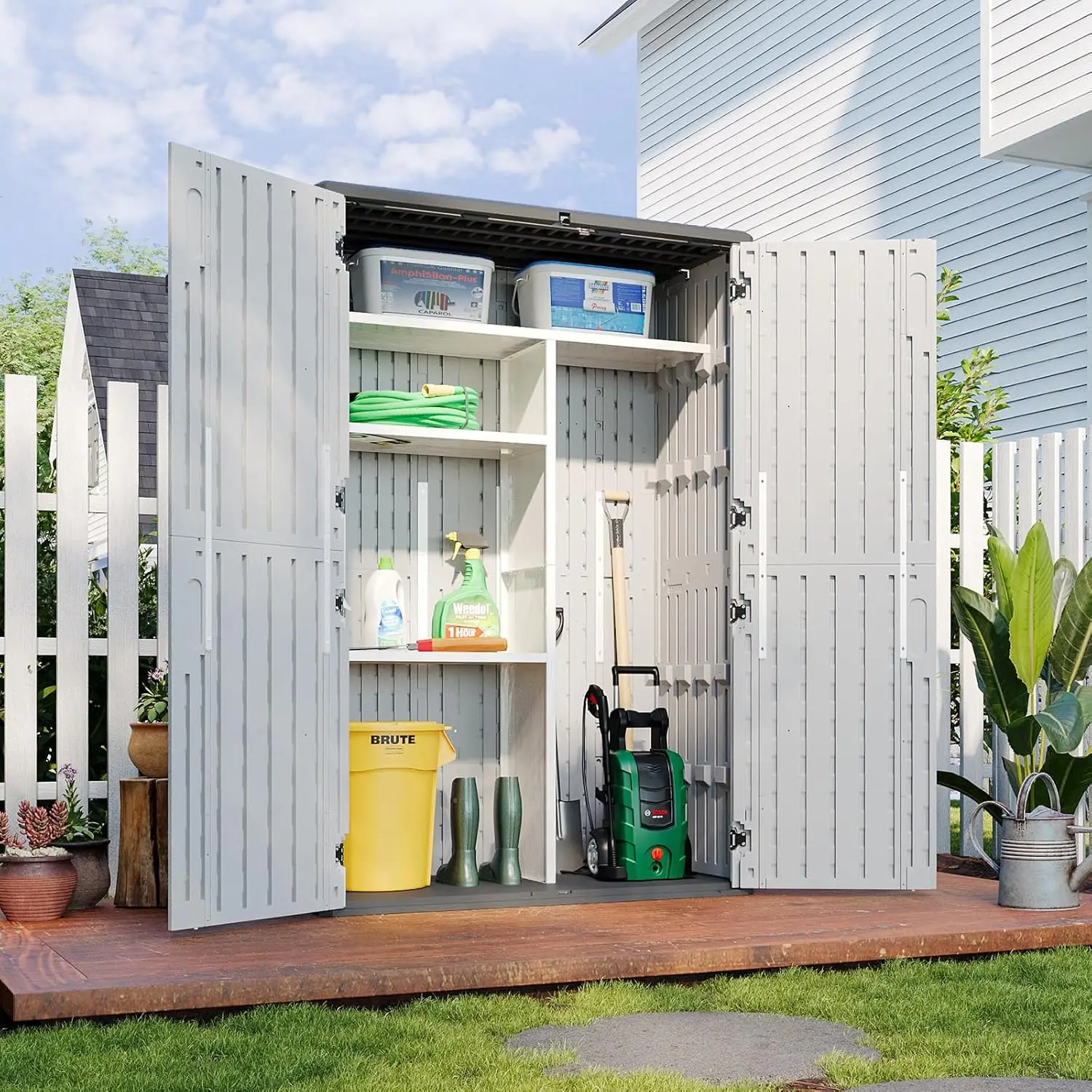 

Outdoor Resin Shed with Metal Shelves Floor 64 CuFt Waterproof Cabinet Garage Pool Bike Tools, Customized