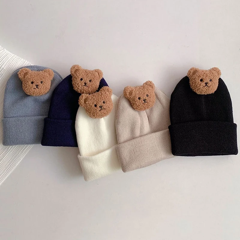 Korean Baby Autumn Winter Hat Cute Bear Knitted Warm Newborn Cap Infant Beanie Solid Color Baby Girl Boy Soft Crochet Hats