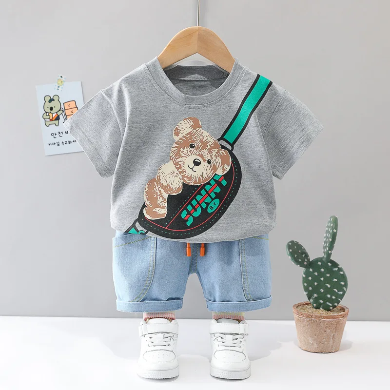 New Summer Suit for Boys Cartoon O-neck T-shirts Tops and Denim Shorts Two Piece Infant Outfits Kids Boutique Clothes Tracksuits