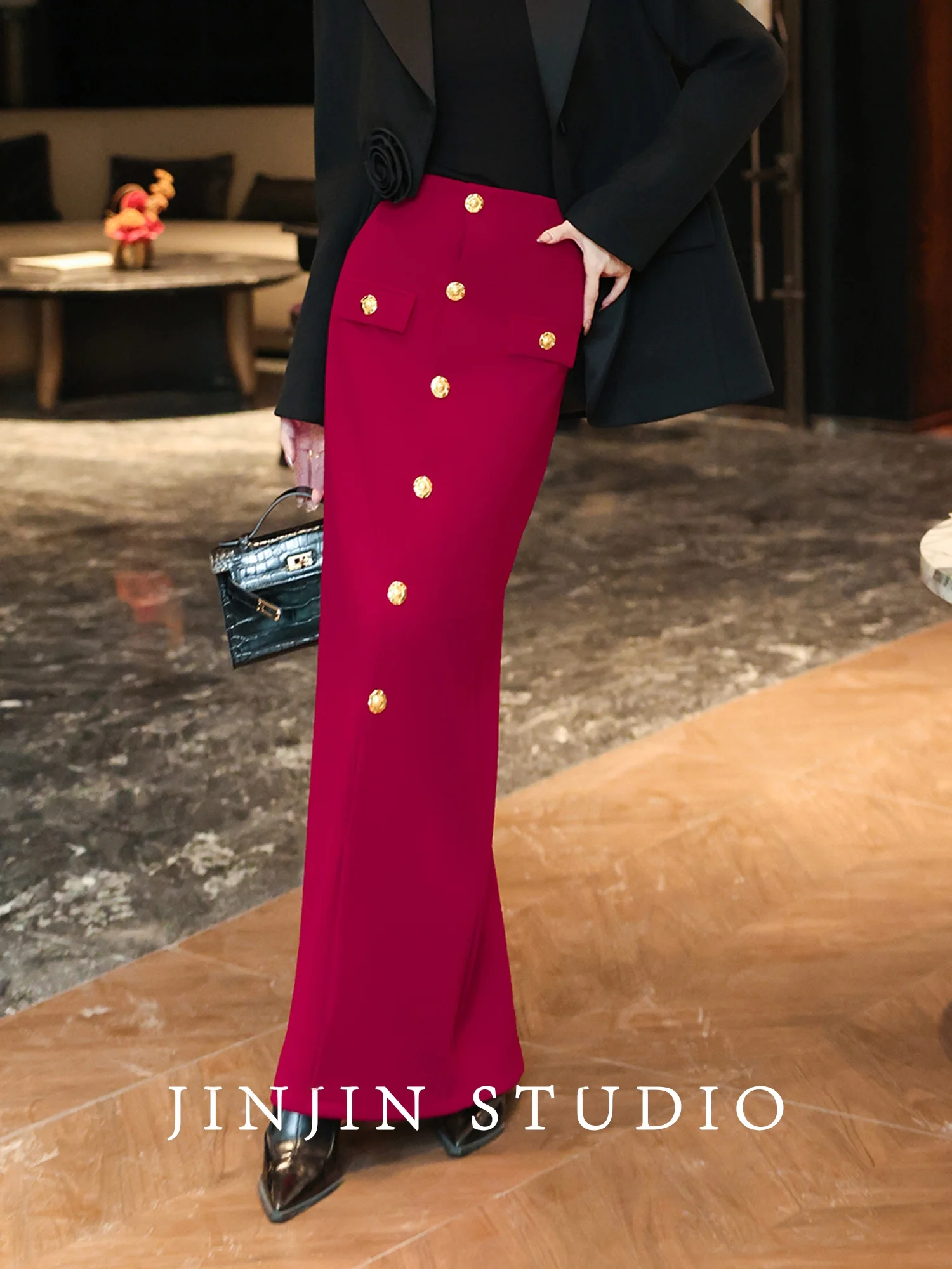 

Original MD High Waist Fce Lined Straight Skirt Golden Bule Ladies Commute Sle Polyester Fiber Non Iron Treaent