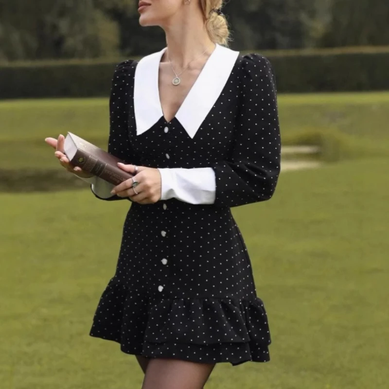 

2026 Summer New Color Matching Lapel Button Polka Dot A Dress Women's Clothing