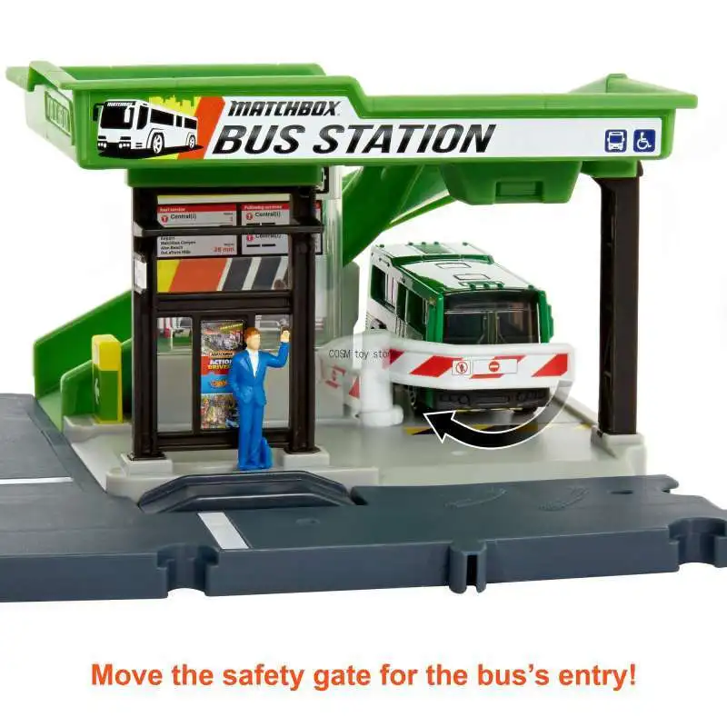 Matchbox Action Drivers Bus Station Playset Connectable Trigger Mechanism City Bus Model Road Scene For Hobby Collection Gift