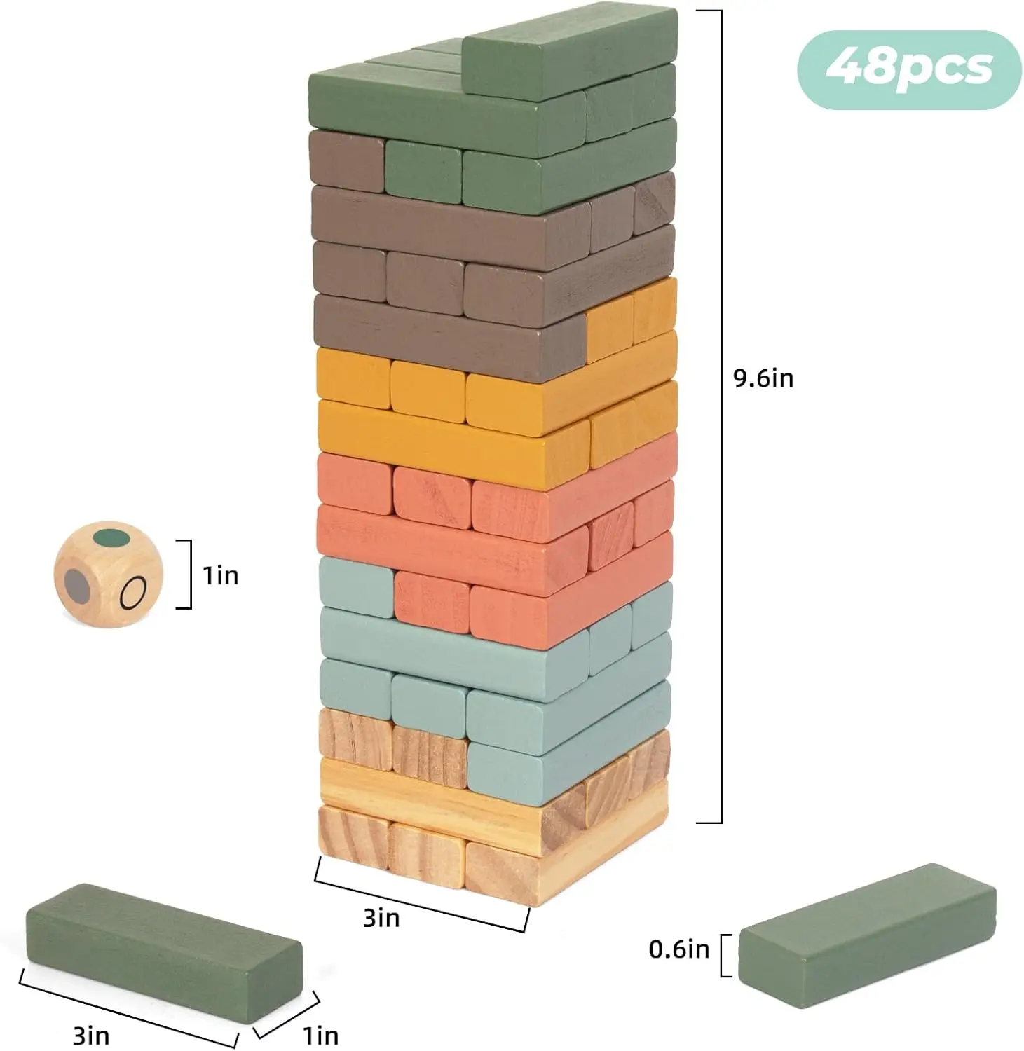 ألعاب تكديس الكتل الخشبية، 48 قطعة من لعبة مكعبات التراص للأطفال والعائلات، كتل موازنة خشبية ملونة مونتيسو