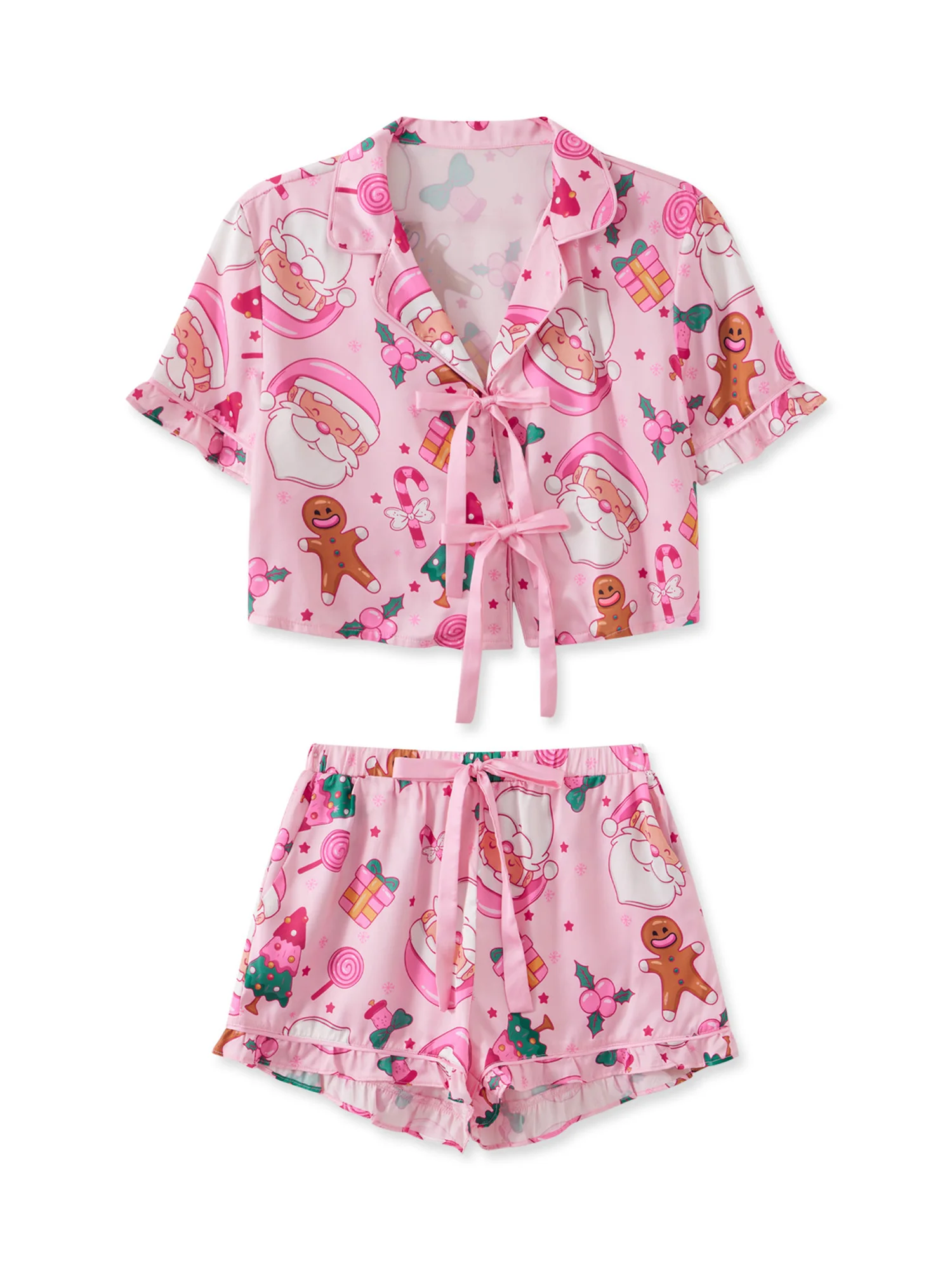 

Женские рождественские пижамные комплекты с праздничным принтом и галстуком-бабочкой спереди, длинными рукавами и лацканами с V-образным вырезом, топы и уютные шорты для отдыха 2nd