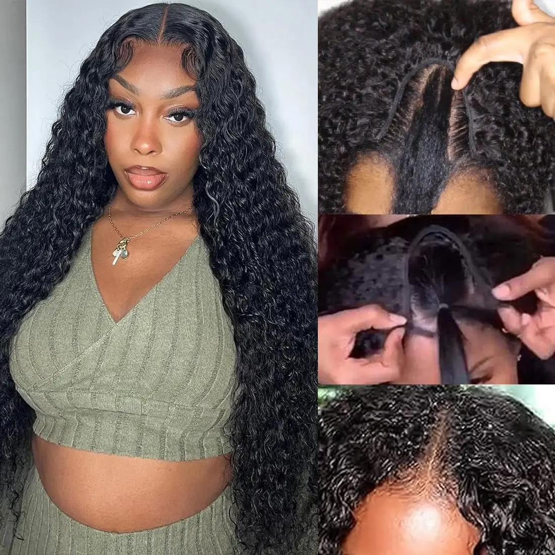 250% Curly V Part Wig Human Hair 18-32INCH No Leave Out Upgrade Deep Wave V Shape Wig No Glue Clip In Half Wig For Women
