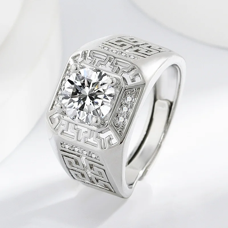 

2CT Men's Zircon Ring Sterling Silver, Geometric Openwork Band for Him, Bold Hipster Wedding Ring, Unique Fashion Jewelry