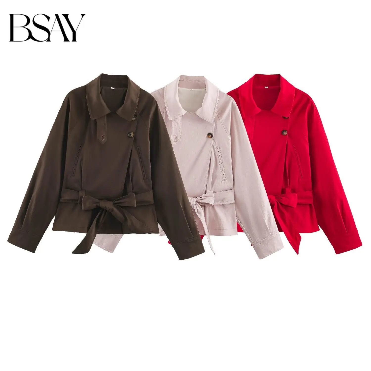 BSAY Autumn New Women Korean Style Cropped Trench Jacket Lapel Collar Double Breasted Long Sleeve Self Tie Belt Casual Outerwear