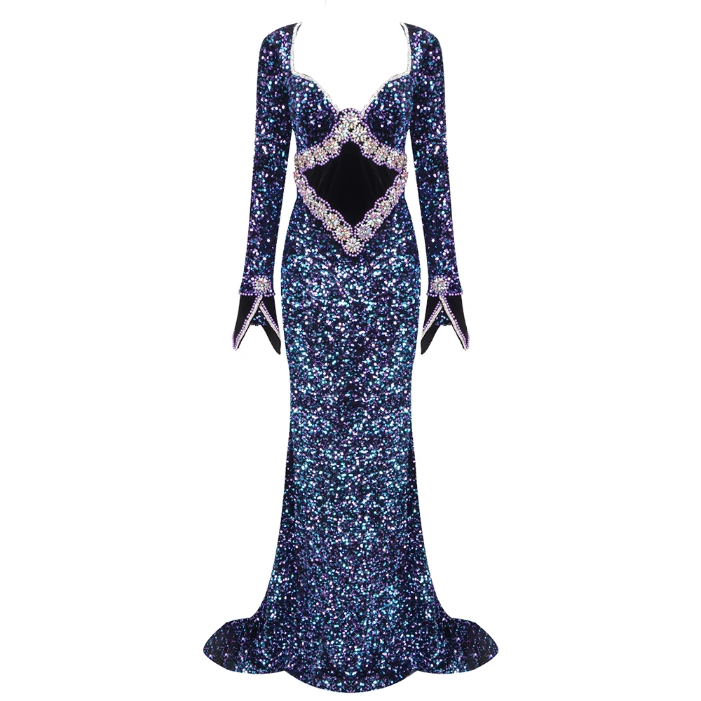 인어 긴 드레스 라인 석 스퀘어 칼라 긴 소매 핸드 크래프트 진주 다이아몬드 꽃 컬러 블록 파티 이브닝 ​​가운