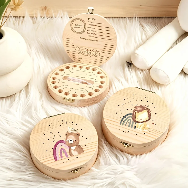 2D Wooden Tooth Keepsake Box Animals Rainbows Pattern Wooden Storage Teeth Hair Birth Souvenir Birthday Gift Baby Teeth Box