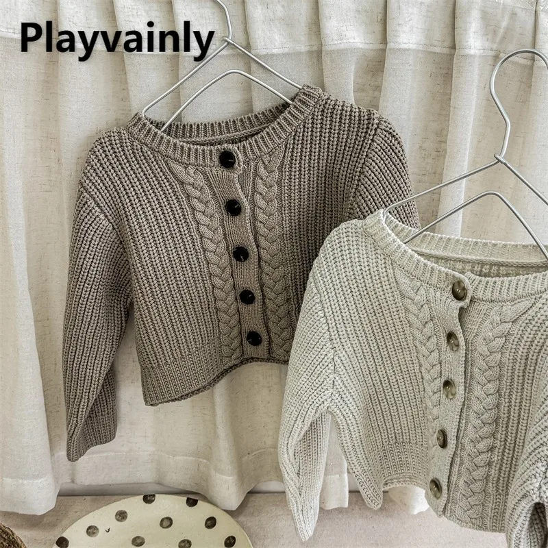 

Spring Autumn Korean Style Children Knitted Coats Girls Boys Grey Coffee Beige Round Neck Sweaters Cardigan Kids Clothes A5538