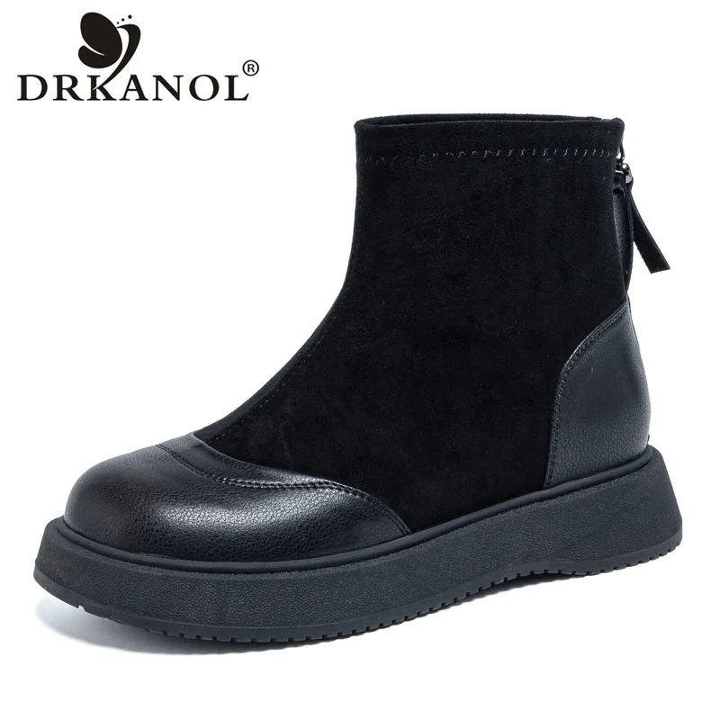 DRKANOL Fashion Women Flats Ankle Boots Round Toe Thick Sole Back Zipper Real Cowhide Sheep Suede Winter Warm Plush Short Boots