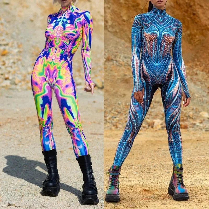 

Women Futuristic CyberPunk Mechanical Armor Robot Cosplay Morphsuit Punk Texture Twisted Colorful Zentai Festival Rave Bodysuit