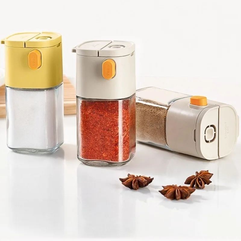 2pcs Household quantitative salt bottle, double-port metering, salt control, seasoning jar, kitchen press glass jar