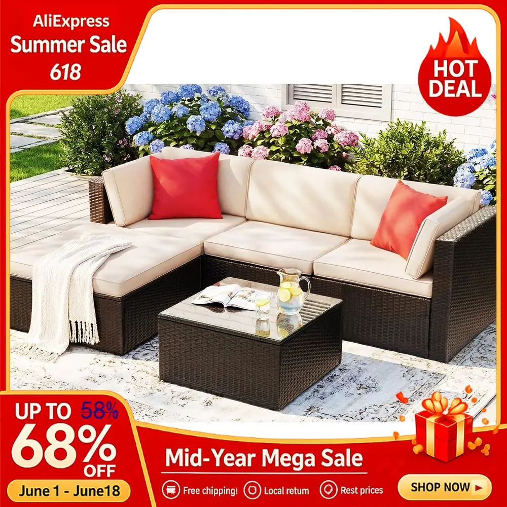 

5 Pieces Patio Furniture Sets All Weather Outdoor Sectional Patio Sofa Manual Weaving Wicker Rattan Patio Seating Sofas, Custom