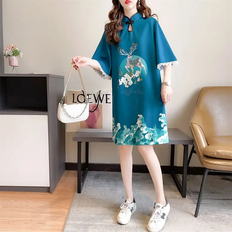 Vintage Chinese Style Summer Women\'s Stand Collar Button Printing Spliced Fashion Versatile Loose Short Sleeve Mid Length Dress