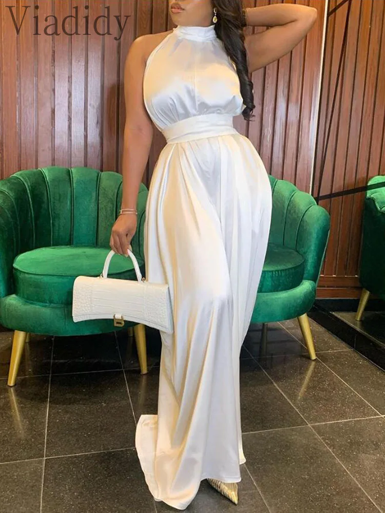 Women Solid Color Sleeveless Mock Neck Wide Leg Satin Jumpsuit