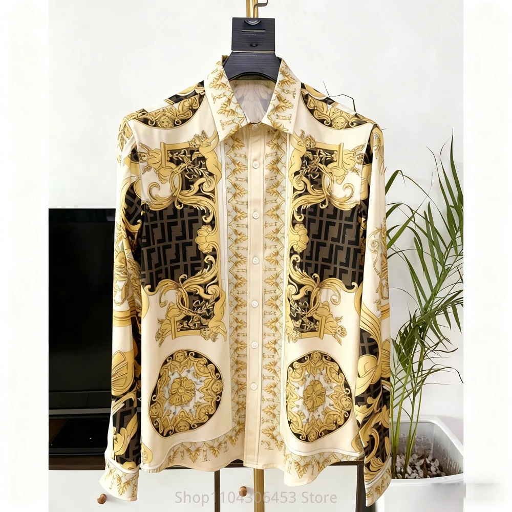 Men's Retro Classic French Court Curly Grass Pattern 3D Printed Shirt Long-sleeved Lapel Lightweight Breathable Business Casual