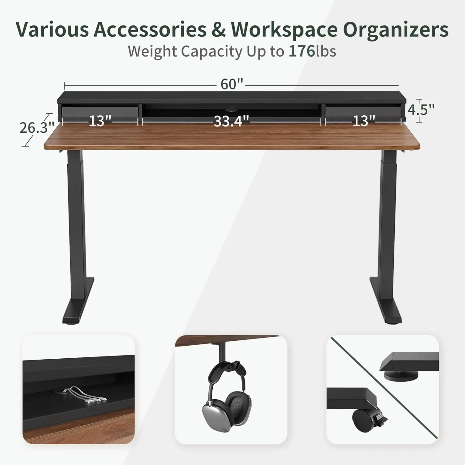 Altura ajustável Electric Standing Desk, Gavetas duplas, Stand Up Desk com tiras de LED, Sit Stand Desk com Monitor Stand