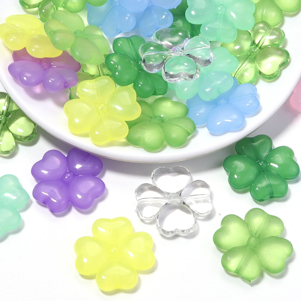20pcs 27mm Lucky Four Leaf Clover Acrylic Beads Transparent Colorful Loose Spacer Beads DIY Keychain Phone Chain Jewelry Making