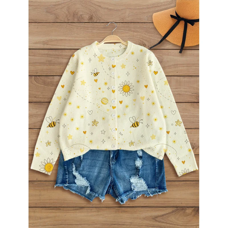 

Sweet Bee Floral Digital Print Girls' Sweater Cardigan Warm Loose Round Neck Long Sleeve Button Autumn Winter Casual Daily