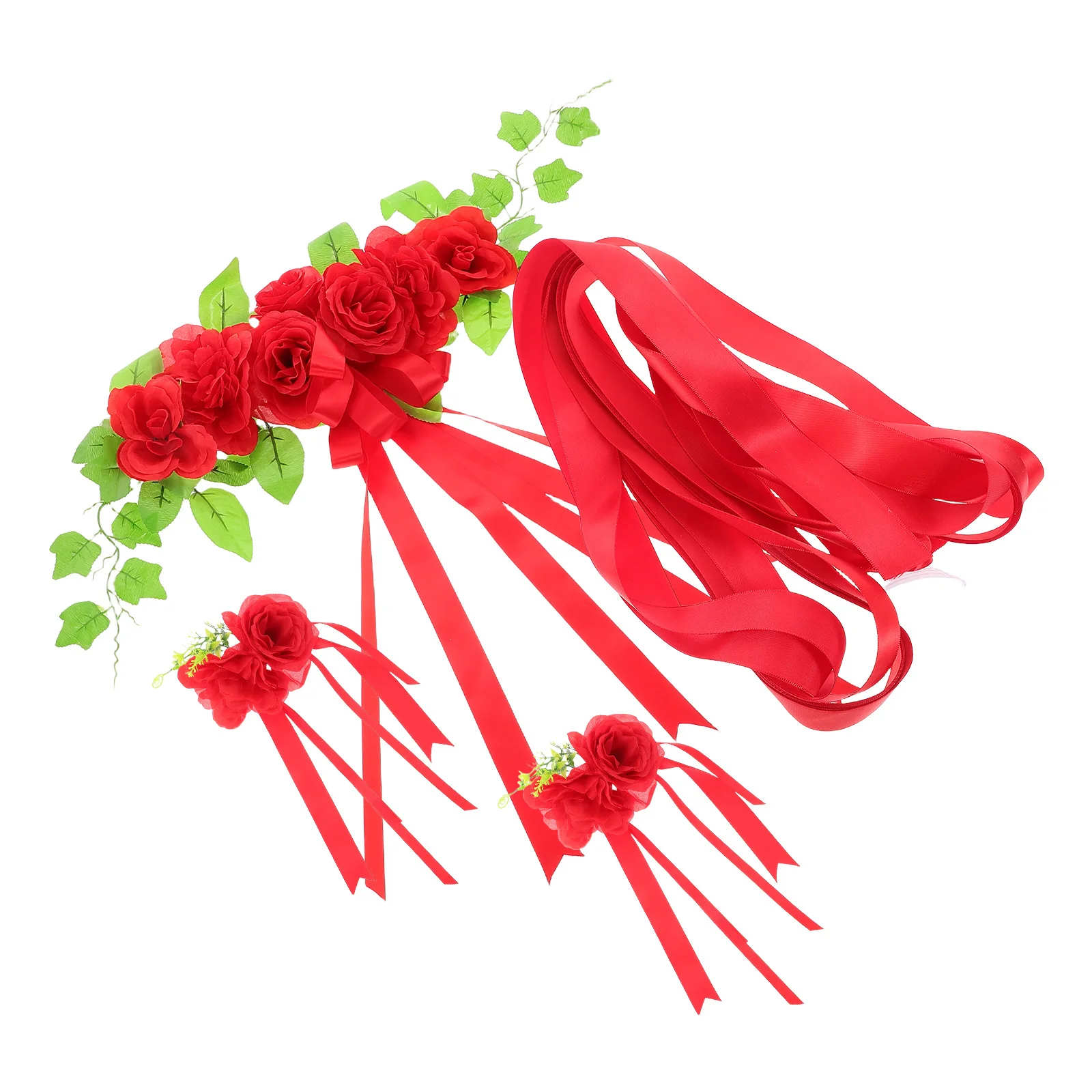 

Wedding Car Decoration Artificial Rose Flowers Ribbon Bows Bridal Shower Wedding Floral Photo Props Car Flower Set