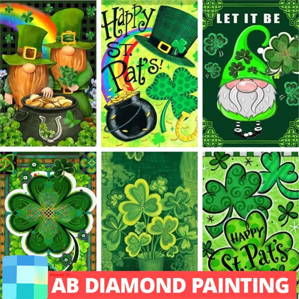 AB Drills Happy Shamrocks St. Patrick's Day Clover Green Gnomes Diamond Painting Full Square Round Gem Rhinestone Art Festival